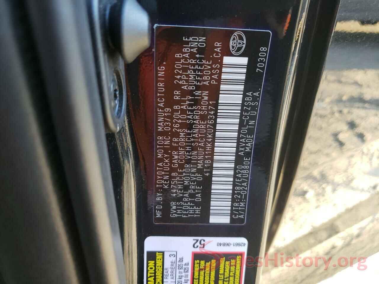 4T1B11HK4KU763471 2019 TOYOTA CAMRY