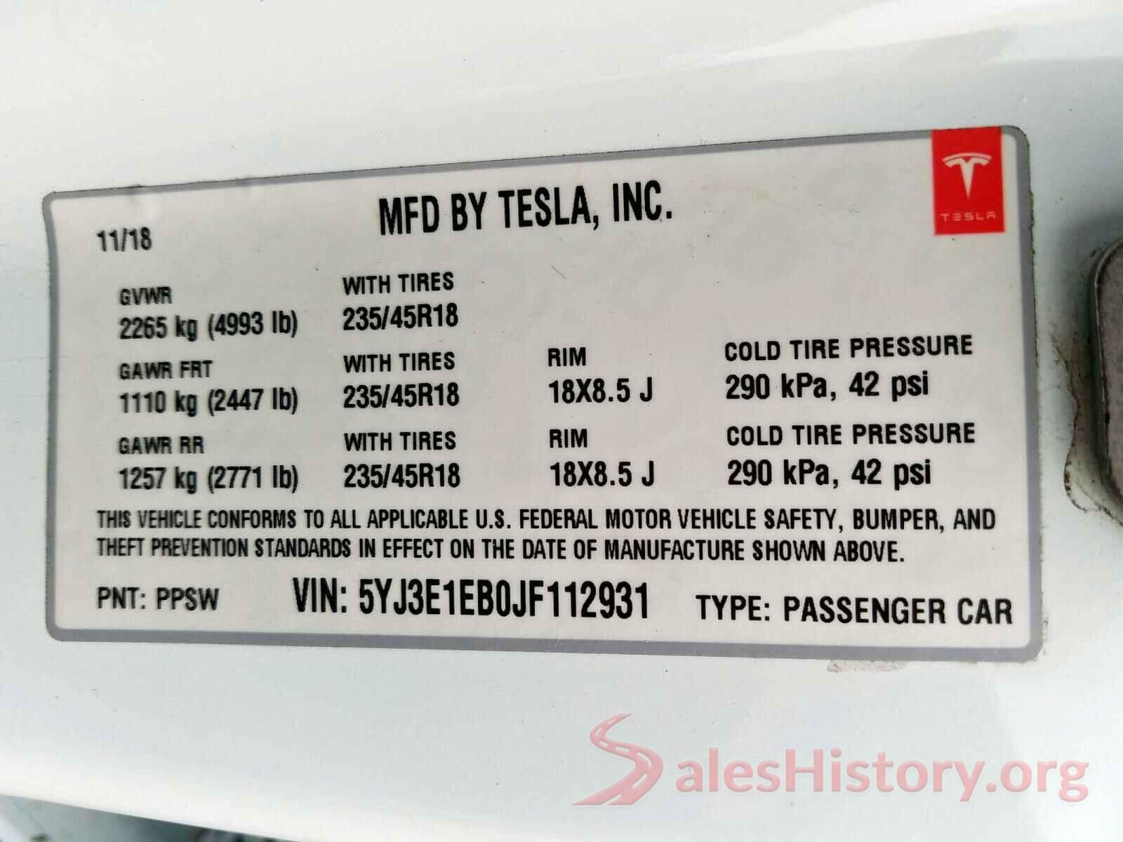 5YJ3E1EB0JF112931 2018 TESLA MODEL 3