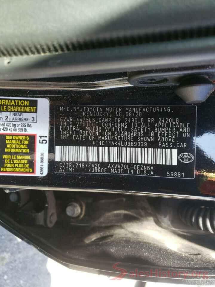 4T1C11AK4LU989039 2020 TOYOTA CAMRY