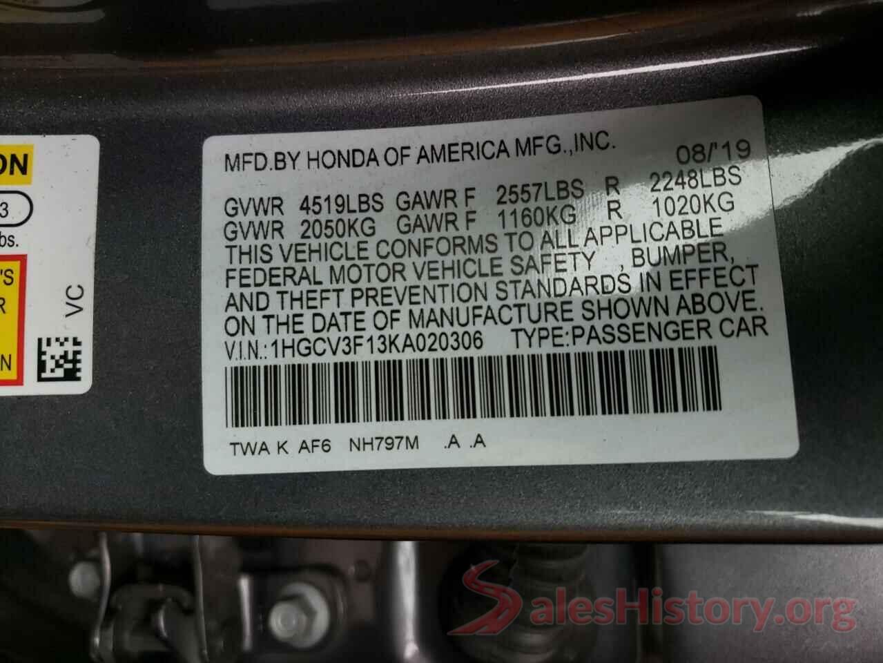 1HGCV3F13KA020306 2019 HONDA ACCORD