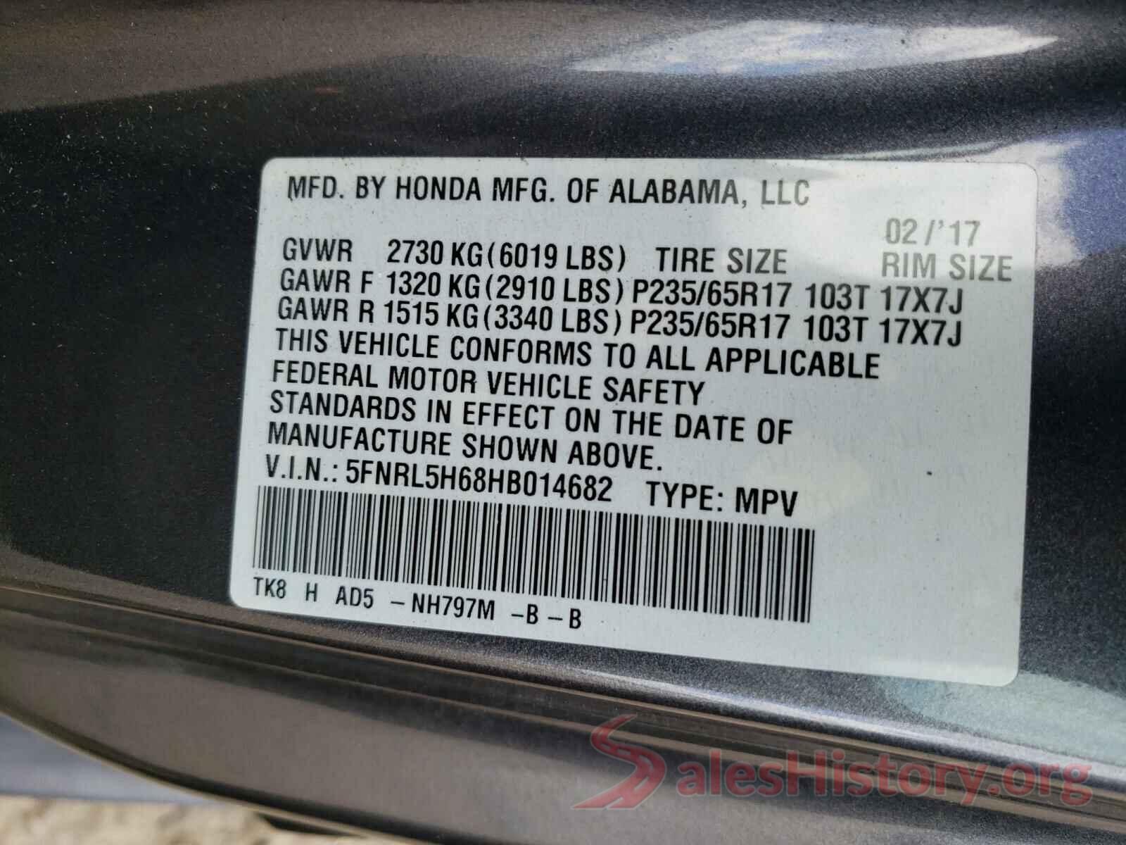 5FNRL5H68HB014682 2017 HONDA ODYSSEY