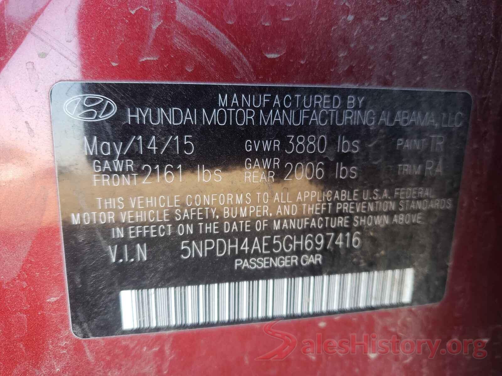 5NPDH4AE5GH697416 2016 HYUNDAI ELANTRA