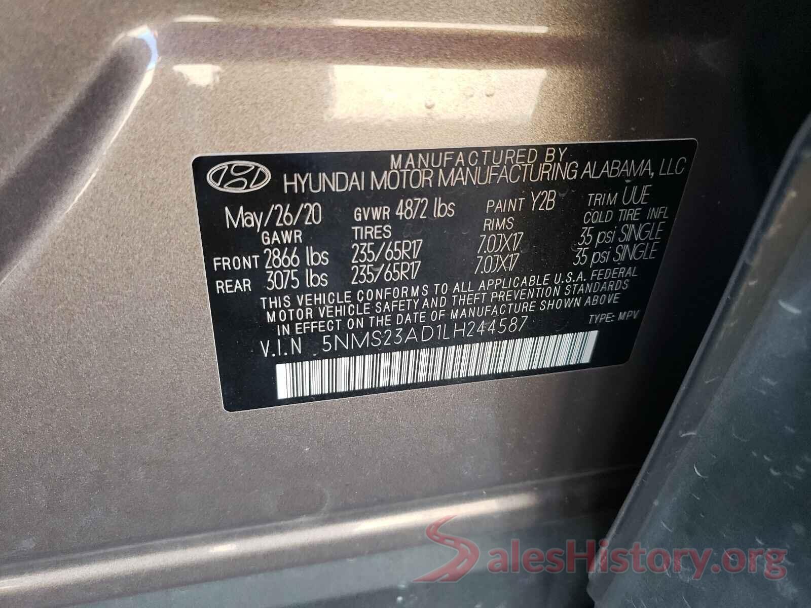 5NMS23AD1LH244587 2020 HYUNDAI SANTA FE