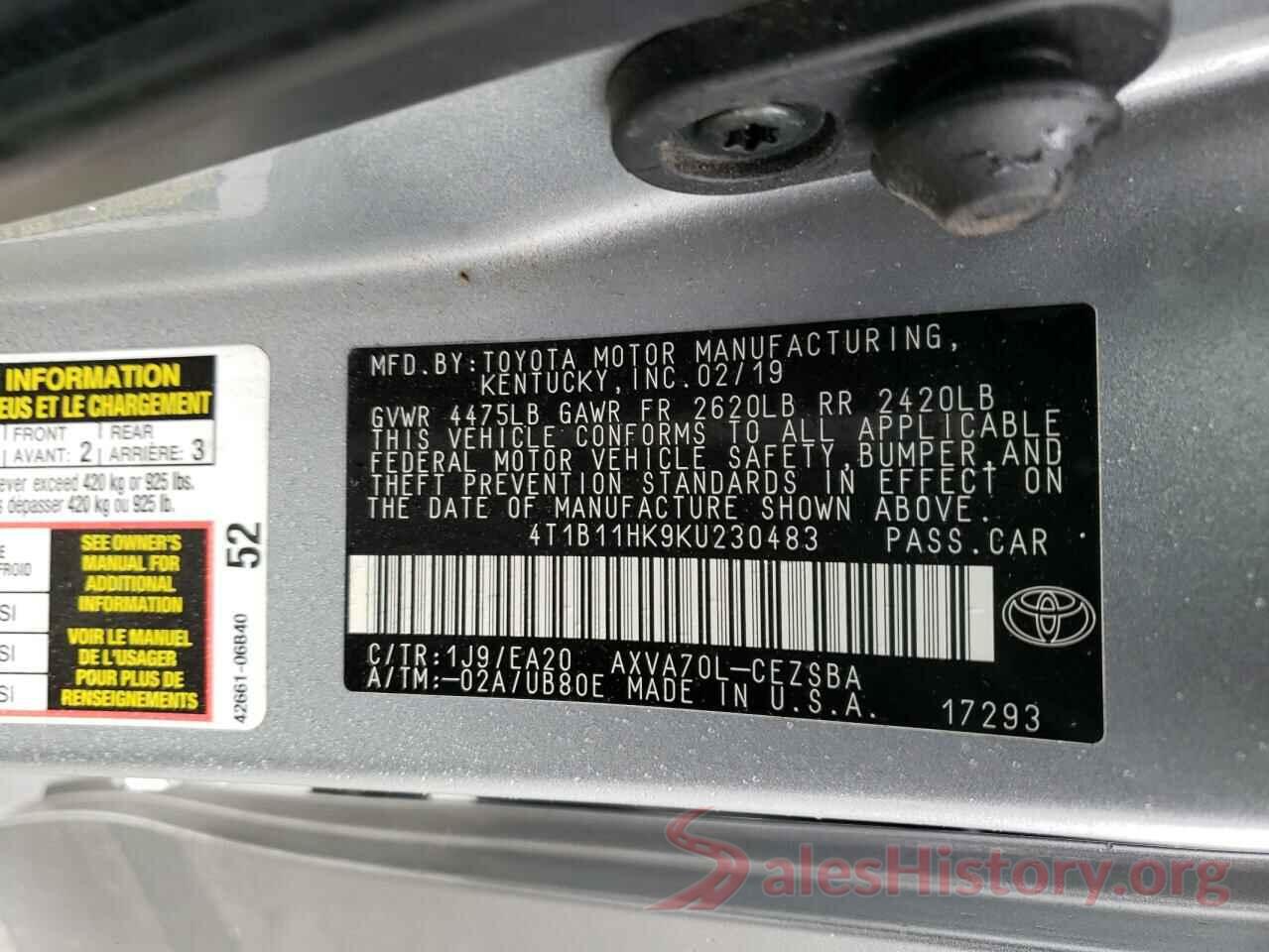 4T1B11HK9KU230483 2019 TOYOTA CAMRY