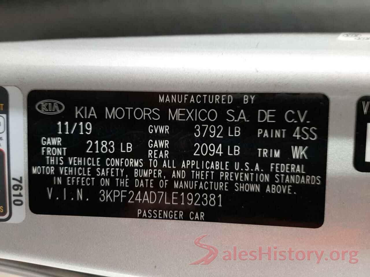 3KPF24AD7LE192381 2020 KIA FORTE