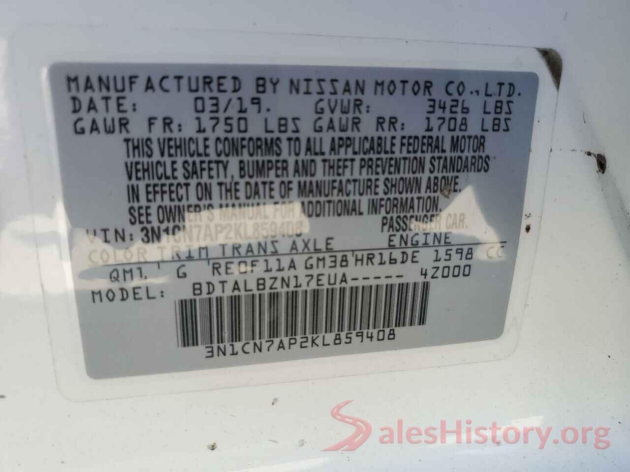 3N1CN7AP2KL859408 2019 NISSAN VERSA