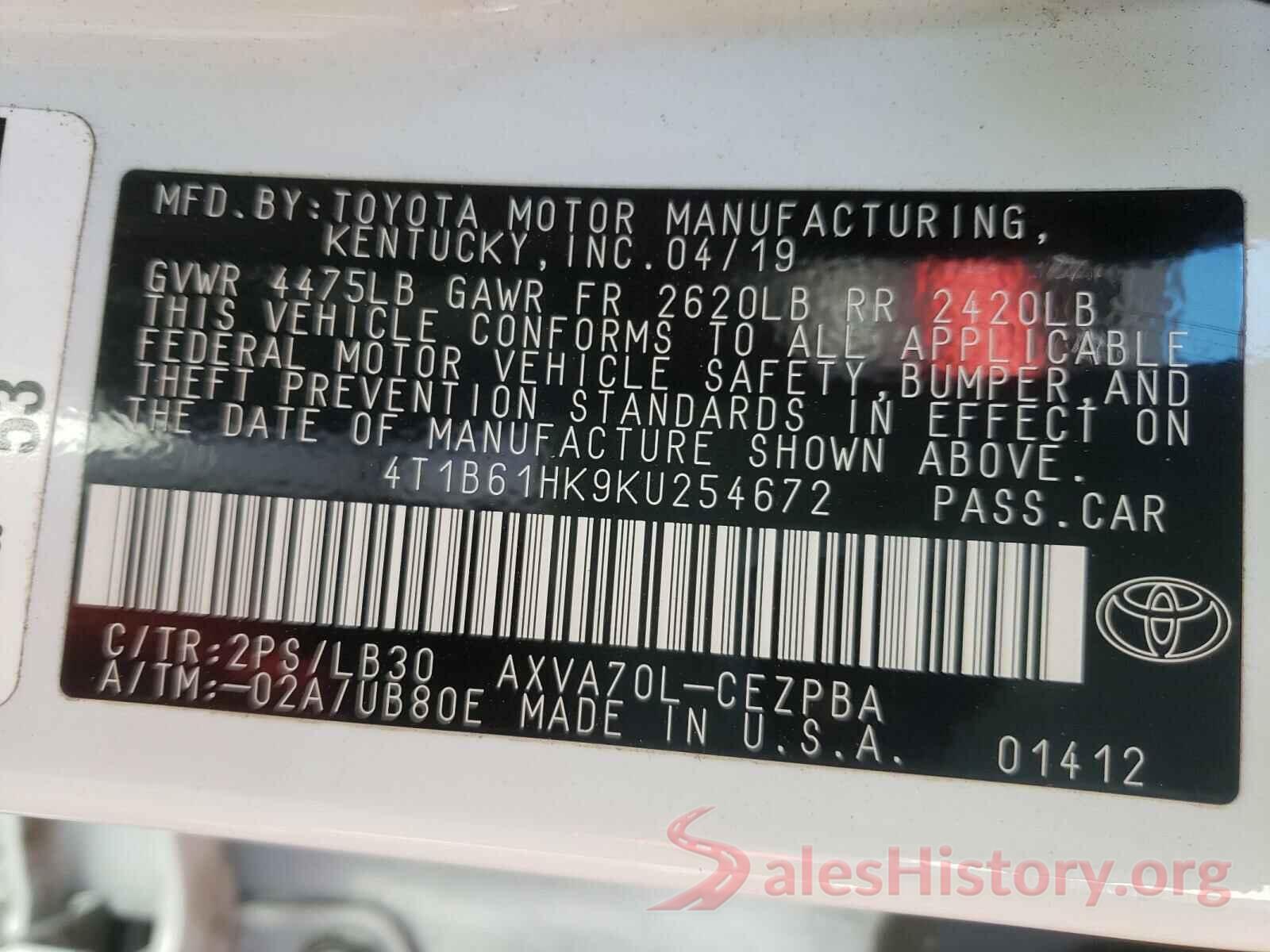 4T1B61HK9KU254672 2019 TOYOTA CAMRY