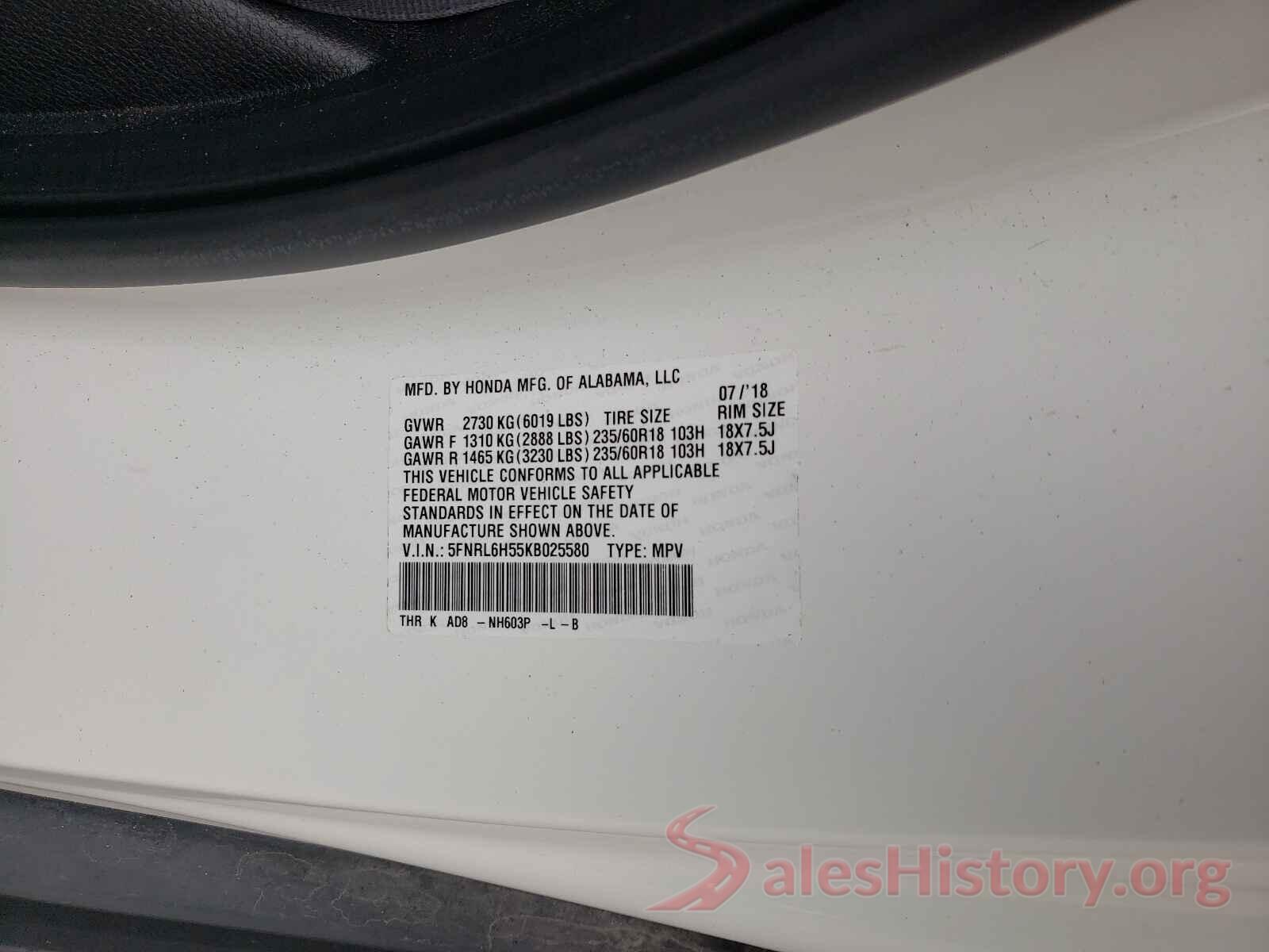 5FNRL6H55KB025580 2019 HONDA ODYSSEY