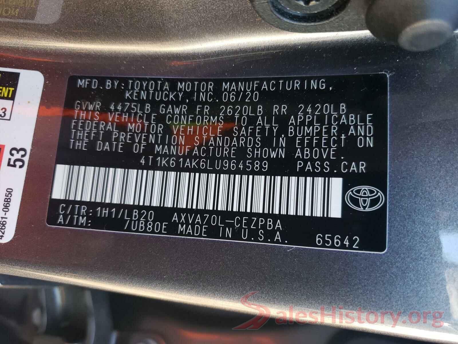 4T1K61AK6LU964589 2020 TOYOTA CAMRY