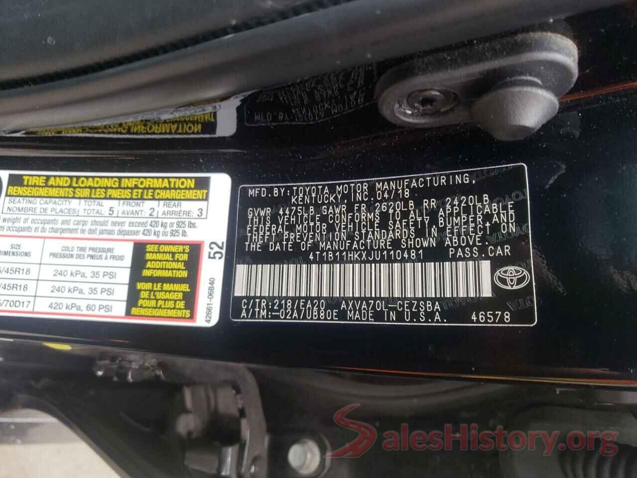 4T1B11HKXJU110481 2018 TOYOTA CAMRY