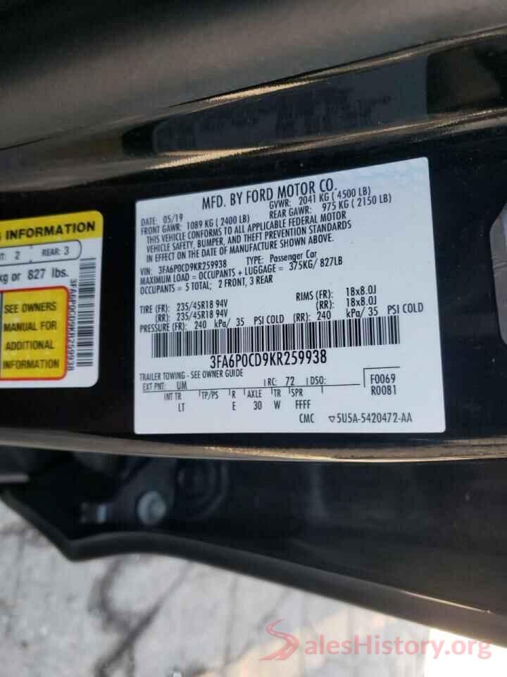 3FA6P0CD9KR259938 2019 FORD FUSION