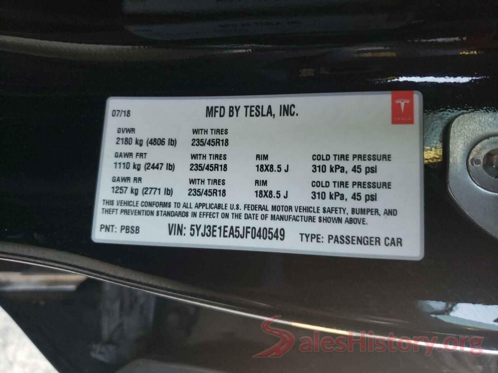 5YJ3E1EA5JF040549 2018 TESLA MODEL 3