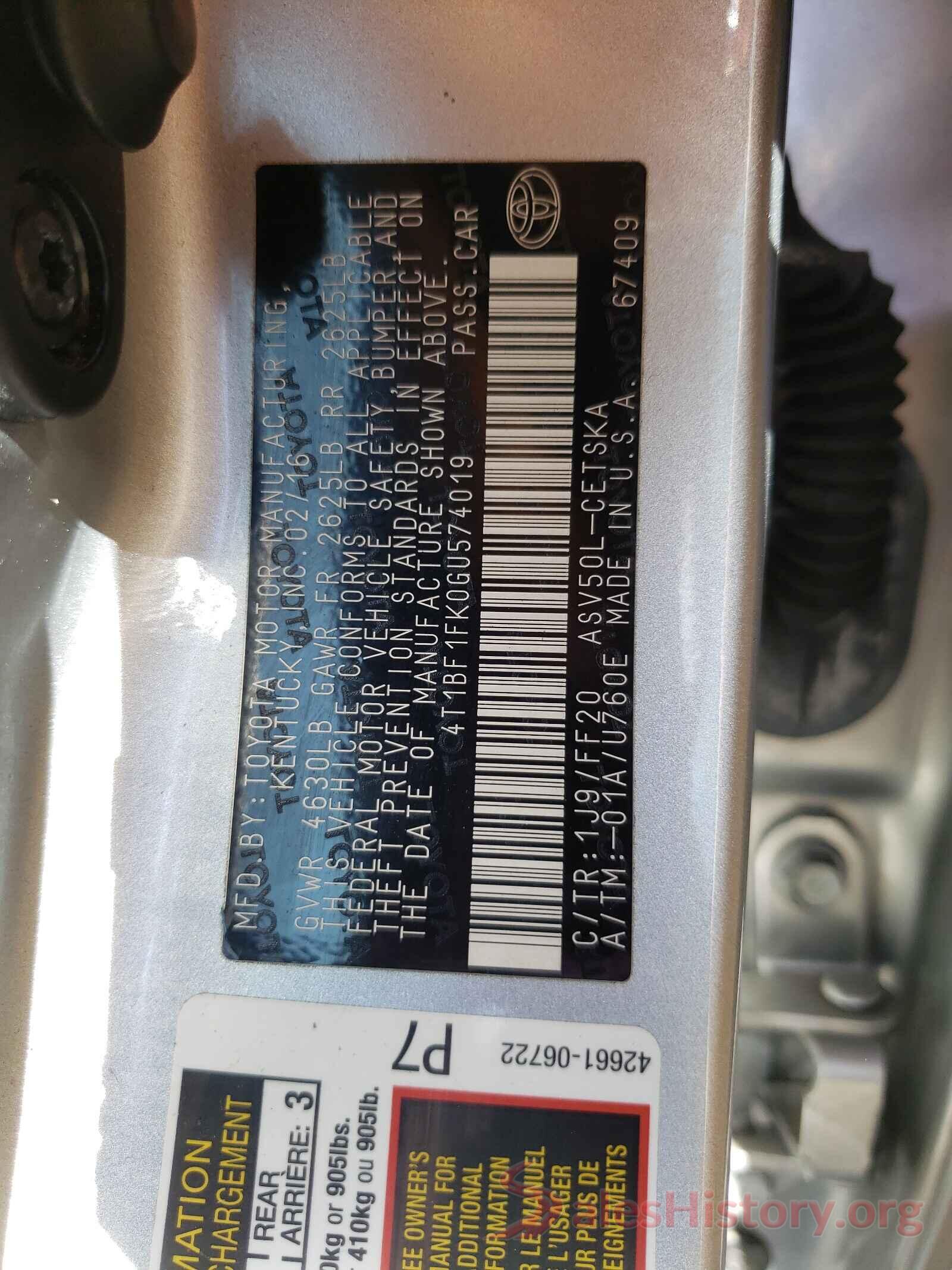 4T1BF1FK0GU574019 2016 TOYOTA CAMRY