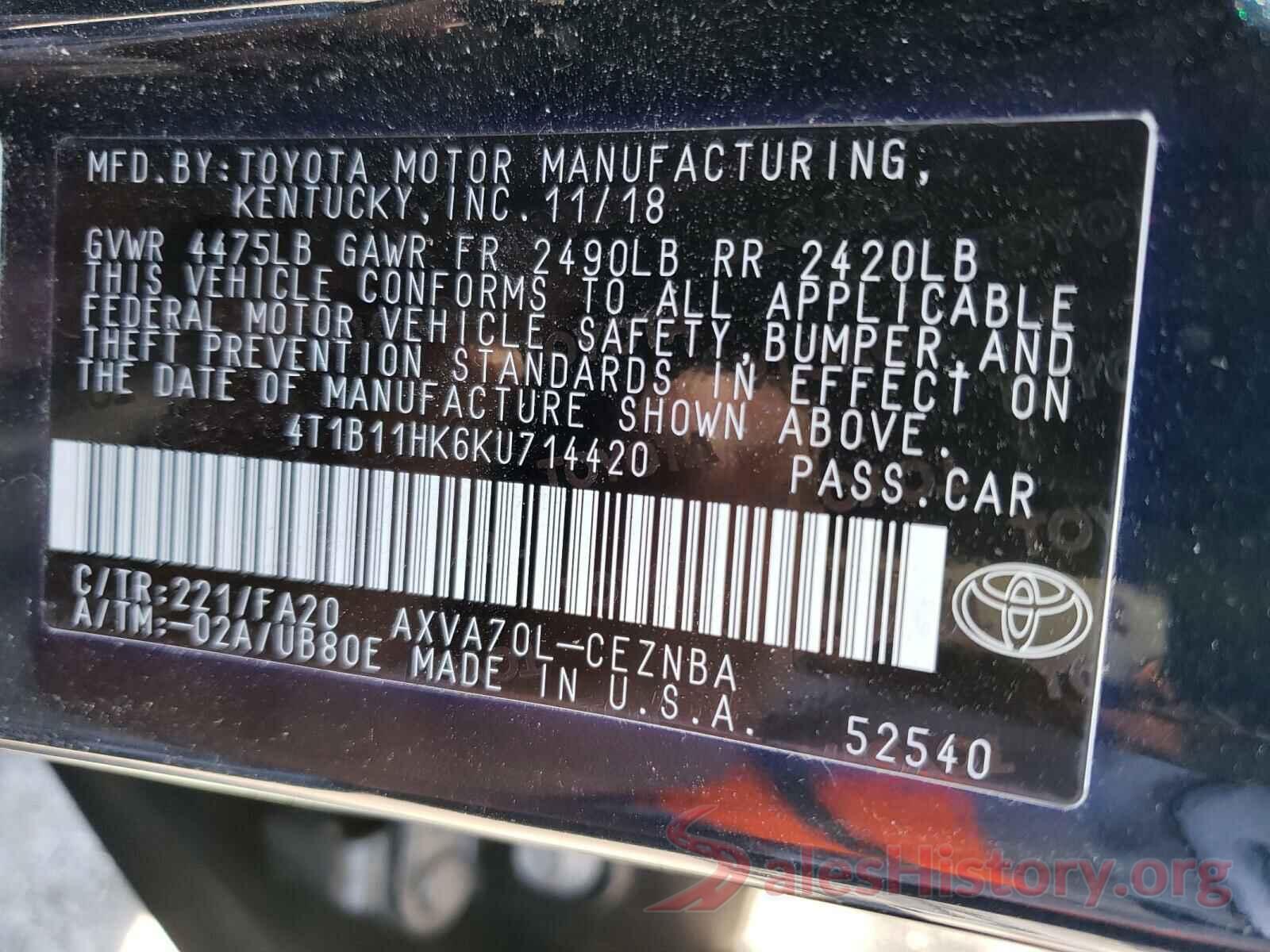 4T1B11HK6KU714420 2019 TOYOTA CAMRY