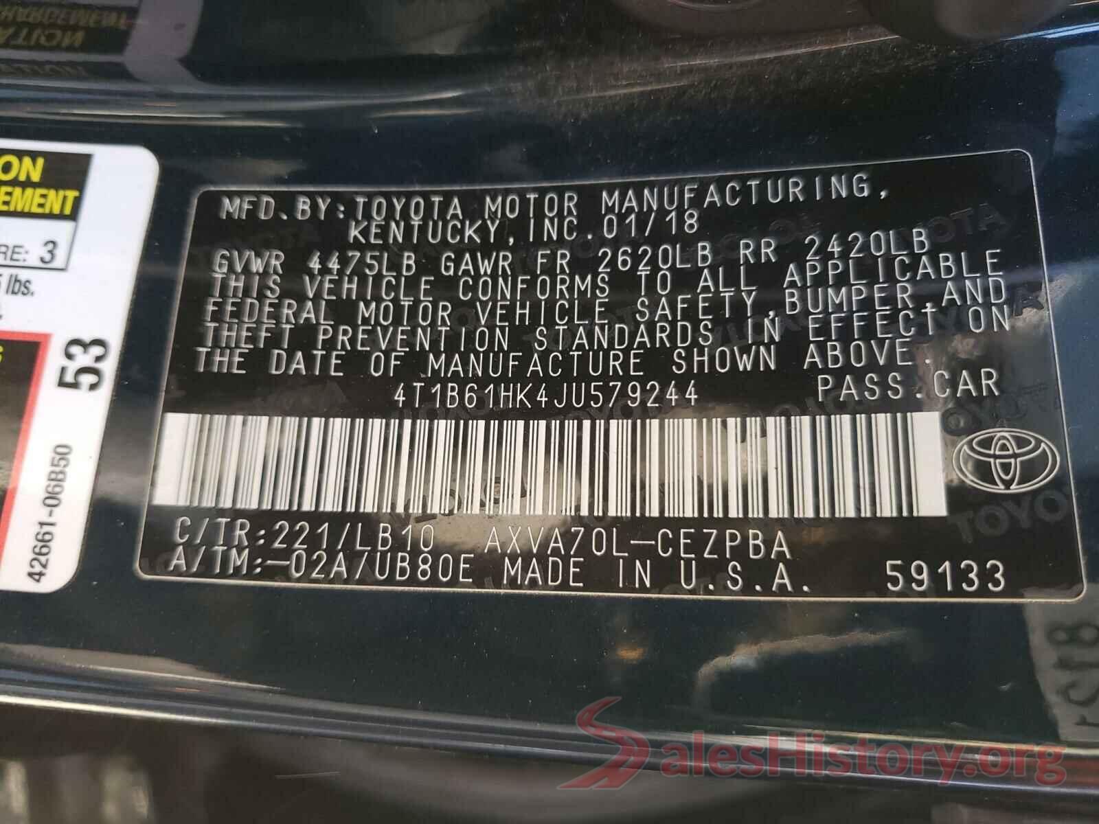 4T1B61HK4JU579244 2018 TOYOTA CAMRY