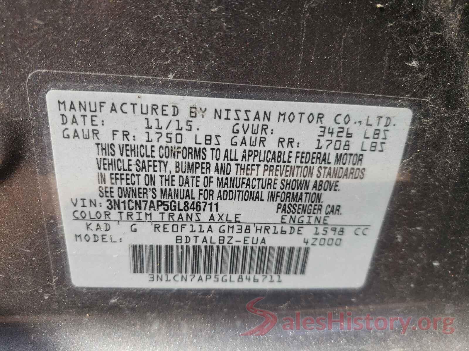 3N1CN7AP5GL846711 2016 NISSAN VERSA