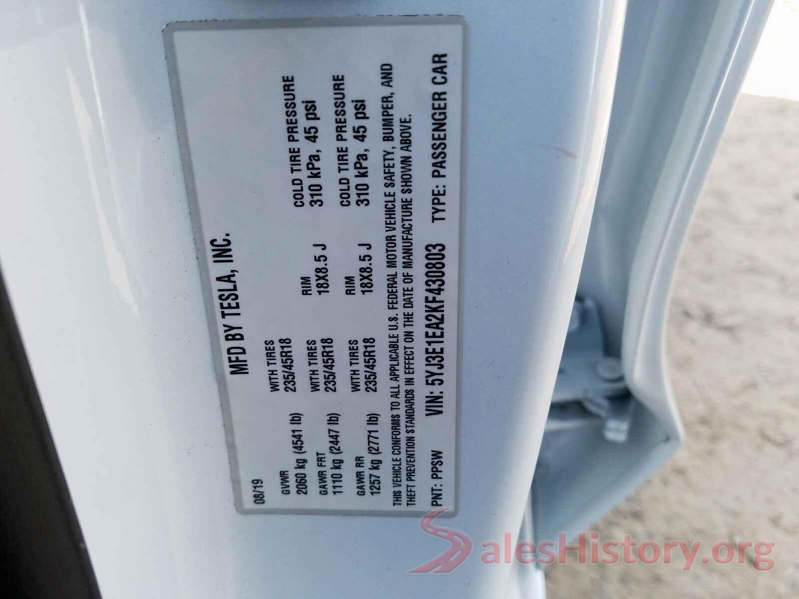 5YJ3E1EA2KF430803 2019 TESLA MODEL 3