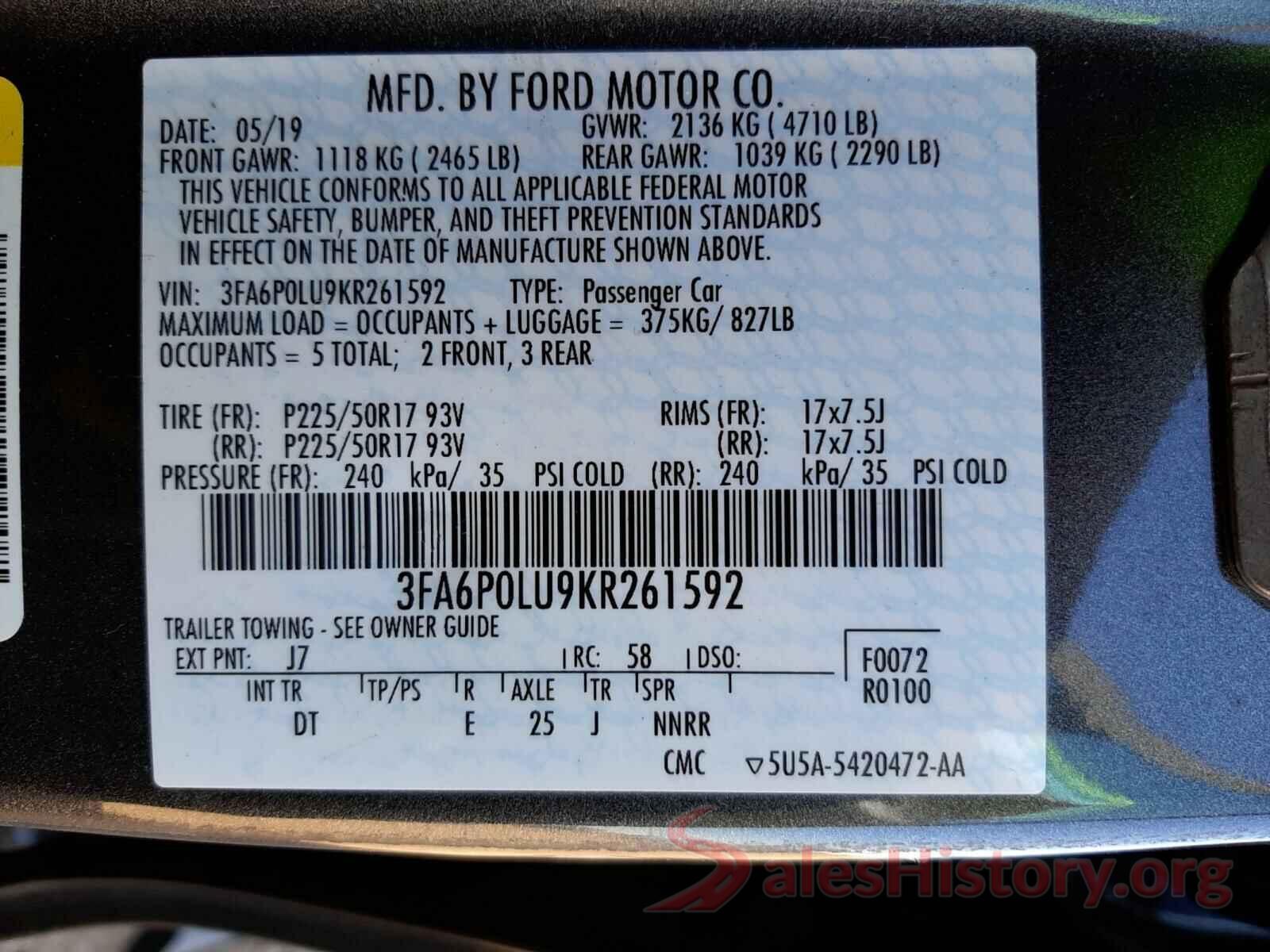 3FA6P0LU9KR261592 2019 FORD FUSION