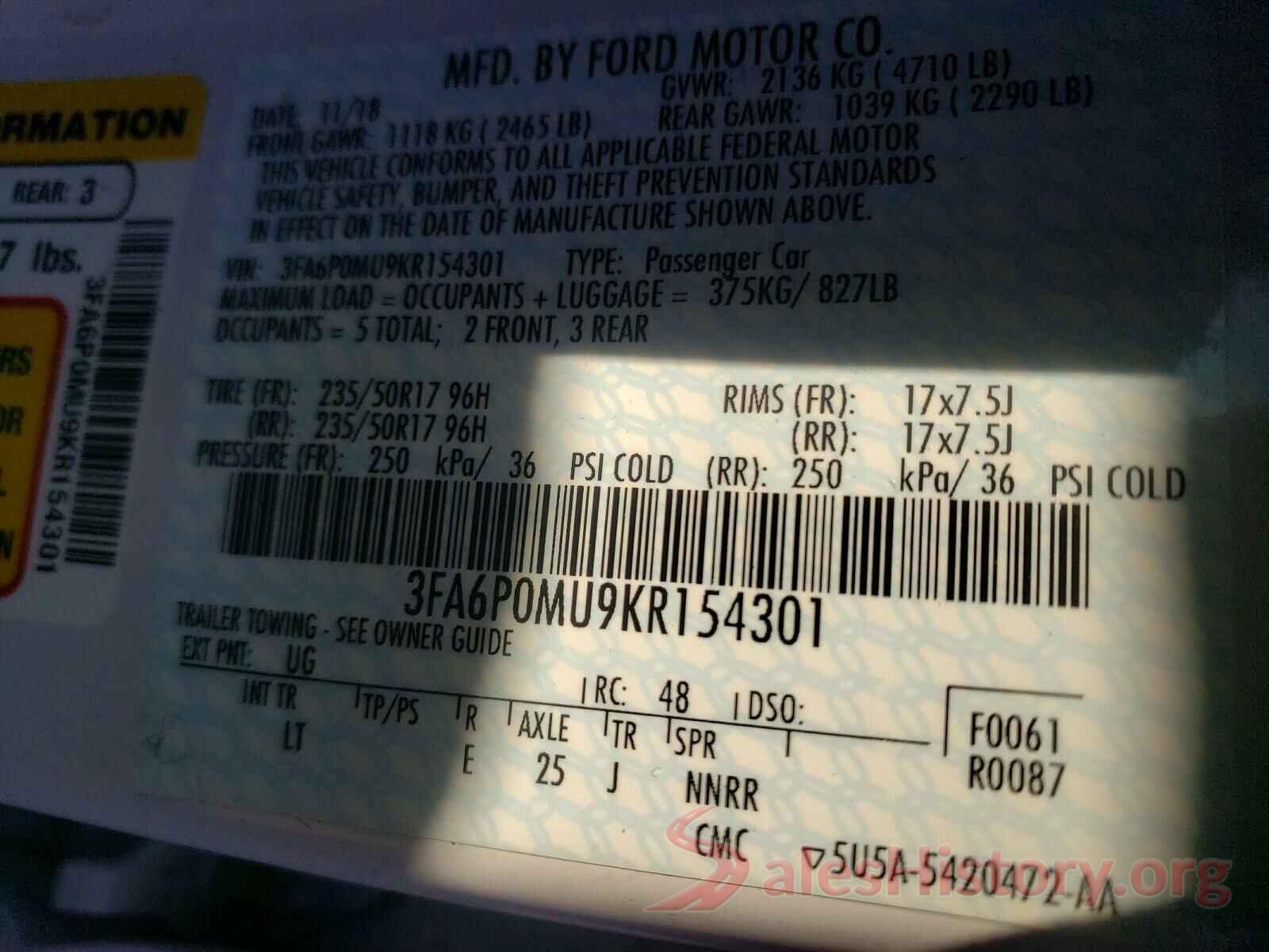 3FA6P0MU9KR154301 2019 FORD FUSION