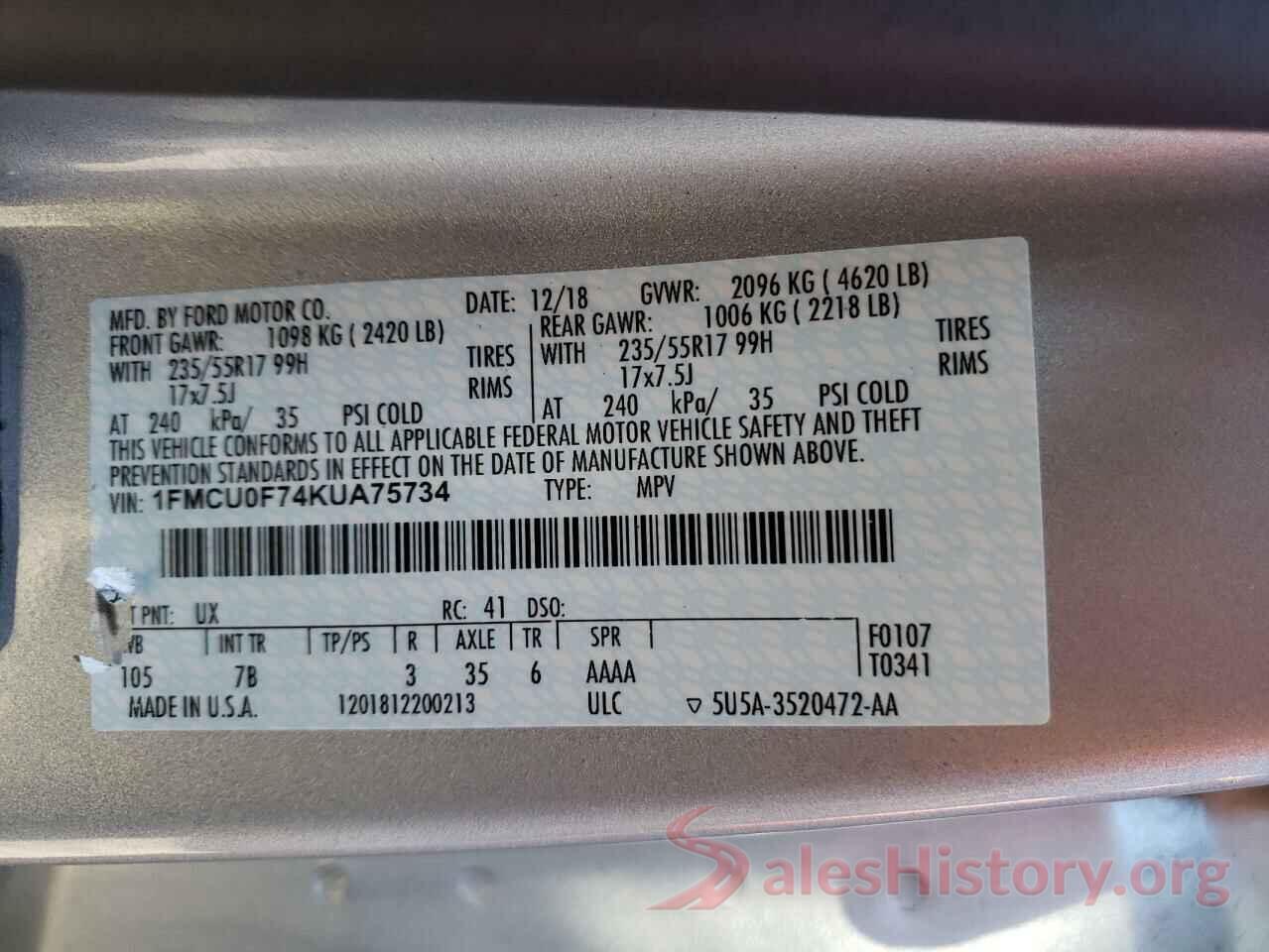 1FMCU0F74KUA75734 2019 FORD ESCAPE