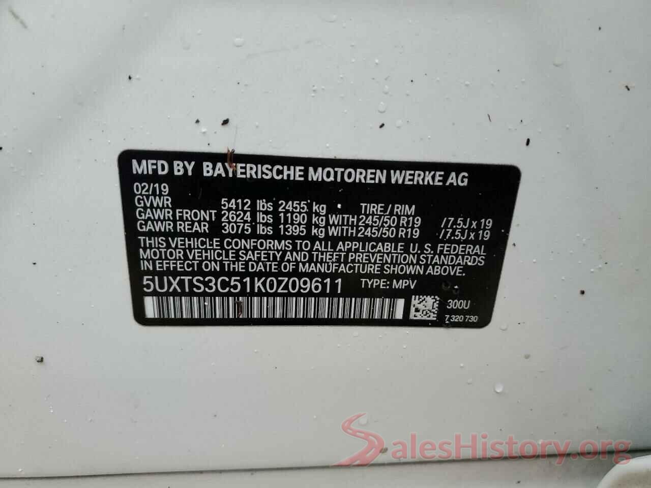 5UXTS3C51K0Z09611 2019 BMW X3