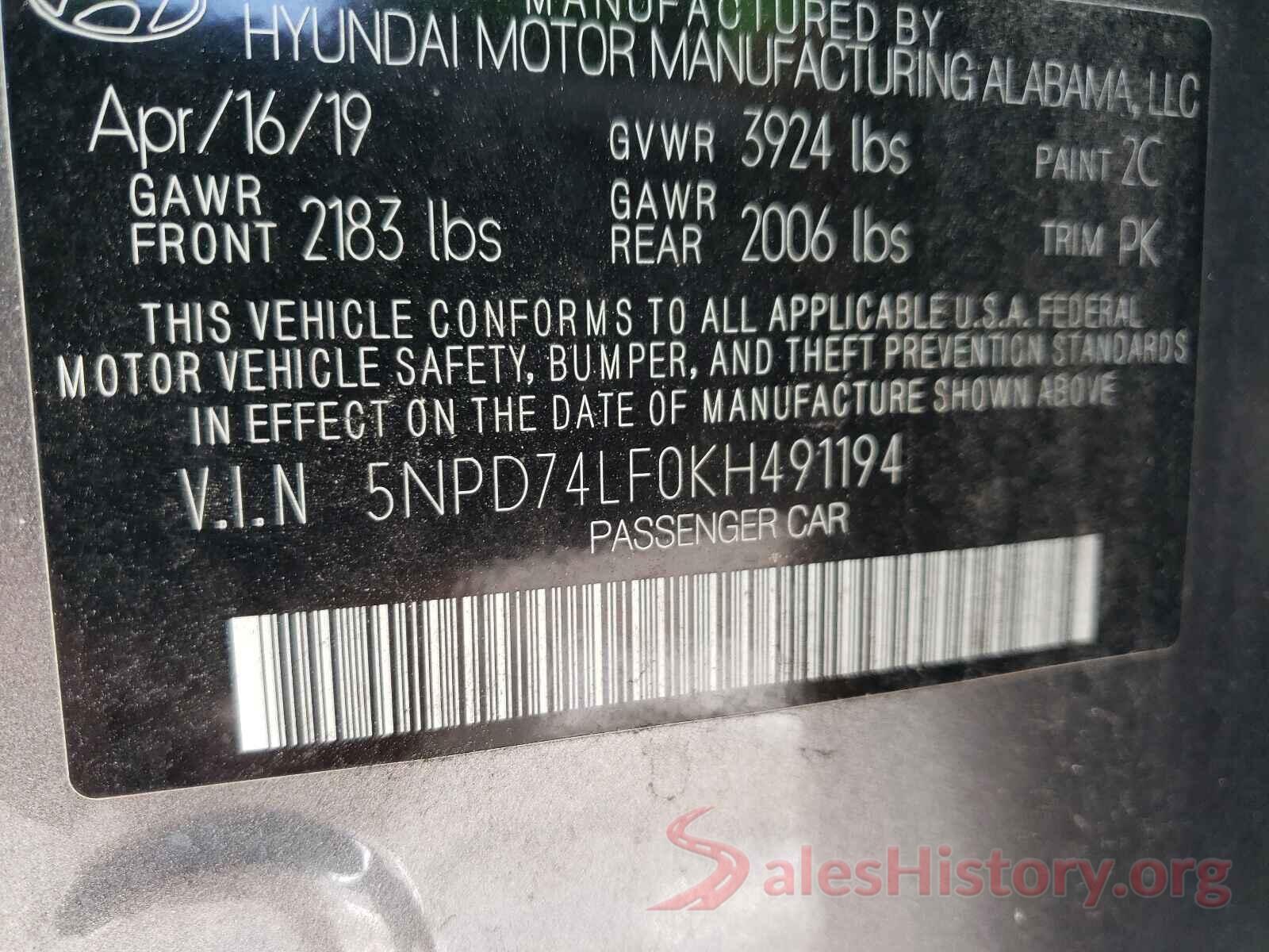 5NPD74LF0KH491194 2019 HYUNDAI ELANTRA