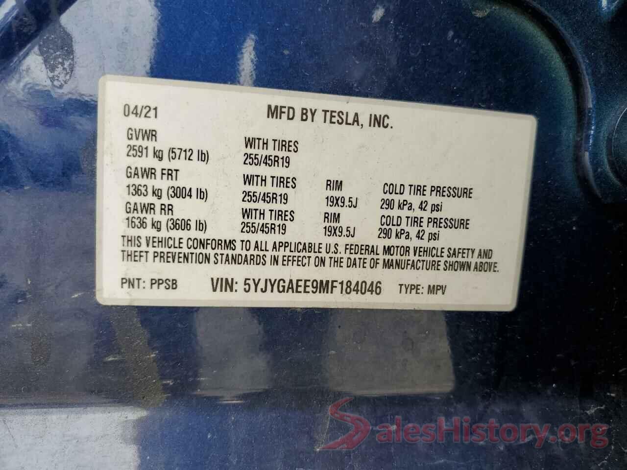 5YJYGAEE9MF184046 2021 TESLA MODEL Y