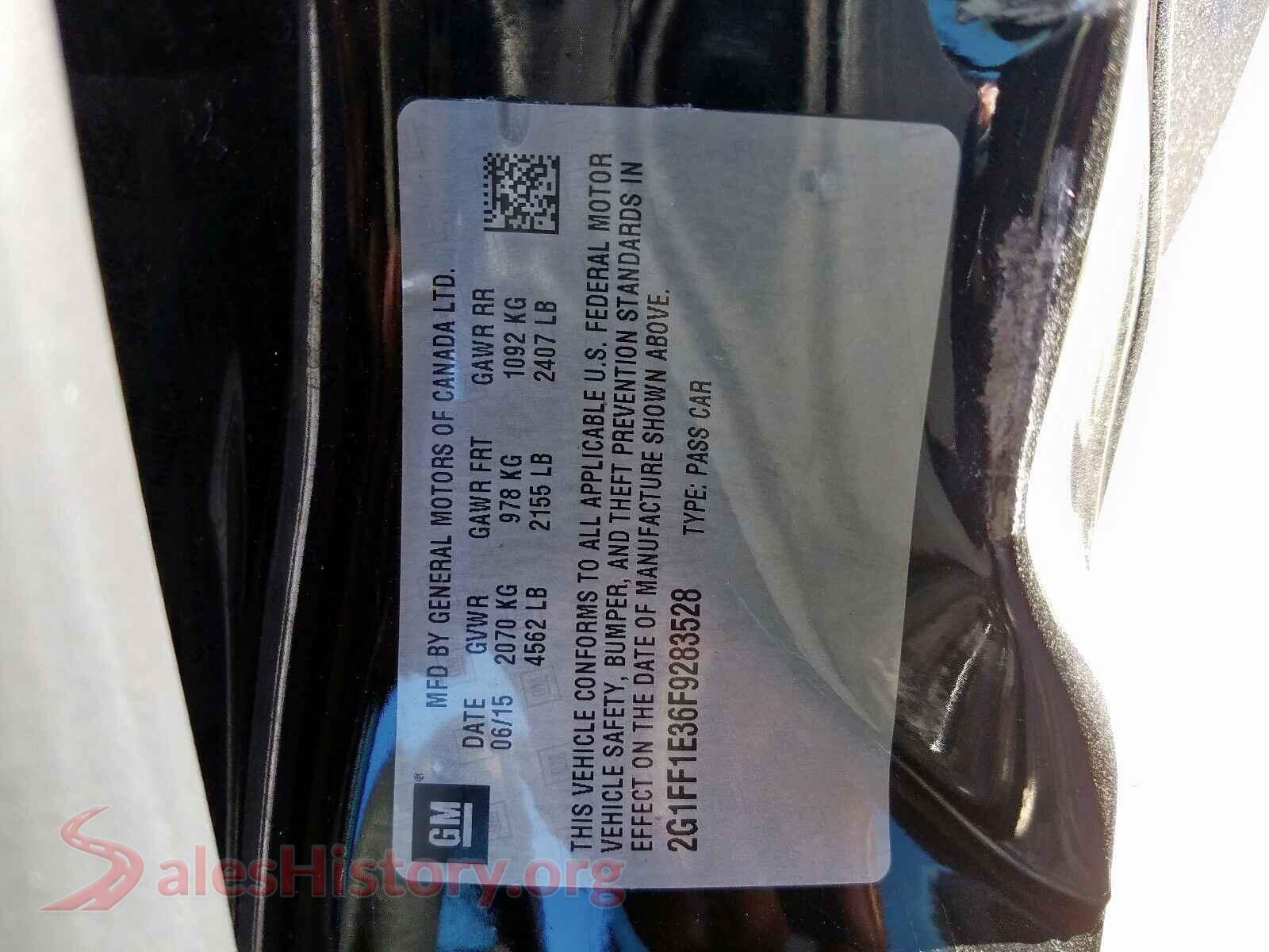 2015 CHEVROLET CAMARO VIN 2G1FF1E36F9283528, odometer mileage