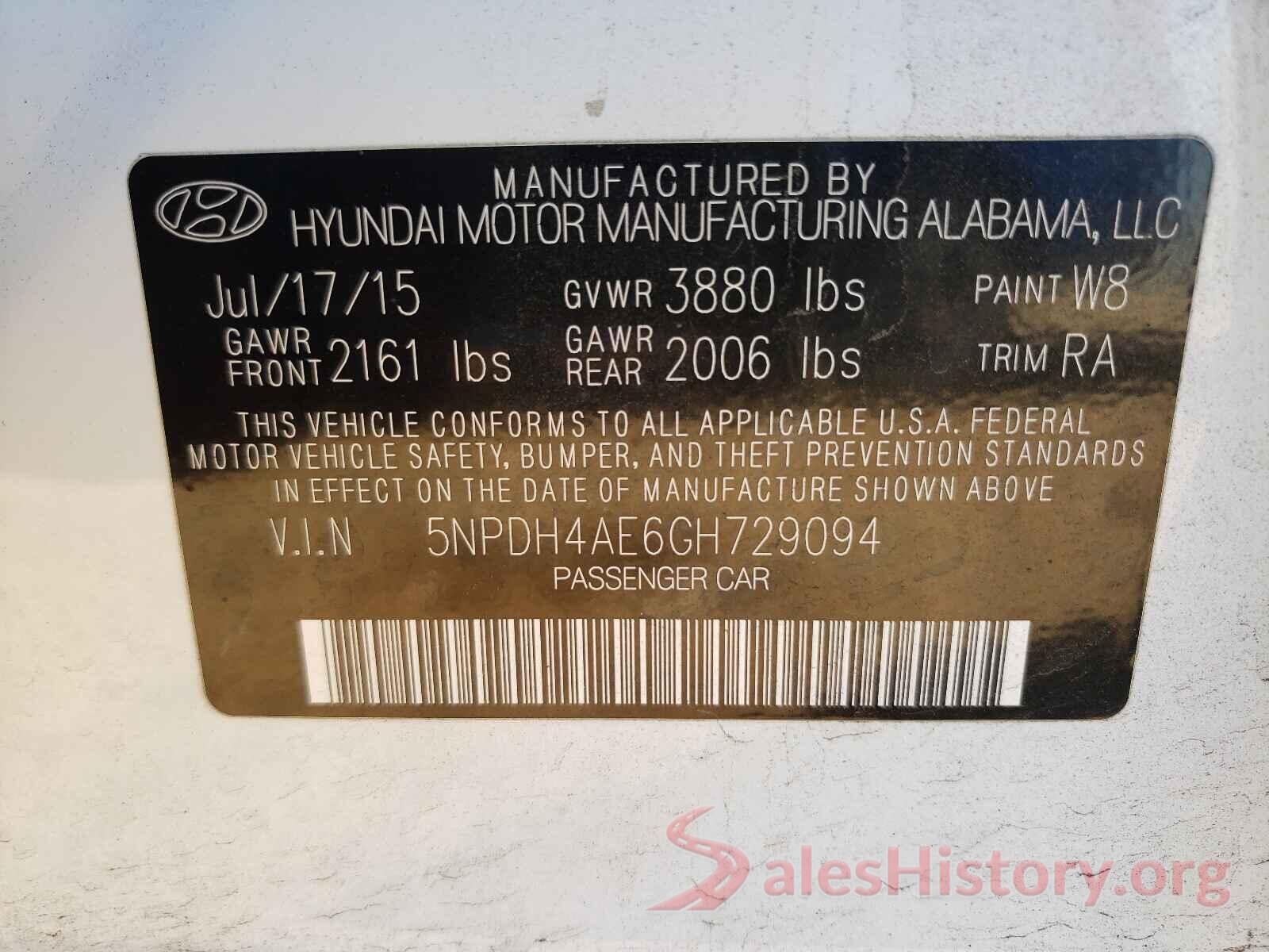 5NPDH4AE6GH729094 2016 HYUNDAI ELANTRA