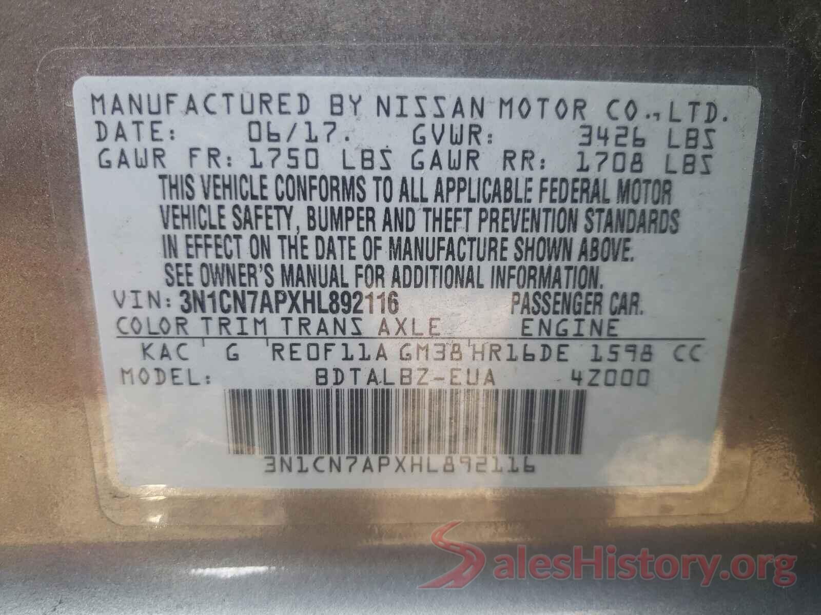 3N1CN7APXHL892116 2017 NISSAN VERSA