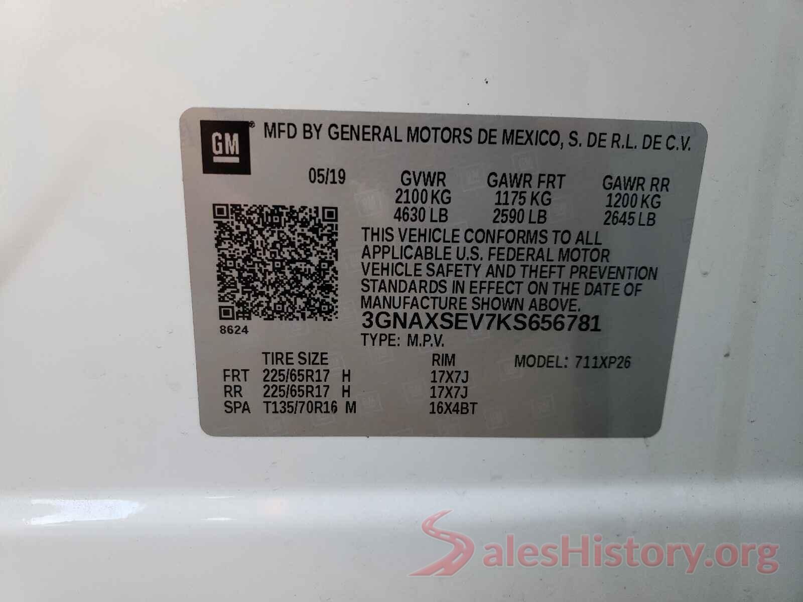 3GNAXSEV7KS656781 2019 CHEVROLET EQUINOX