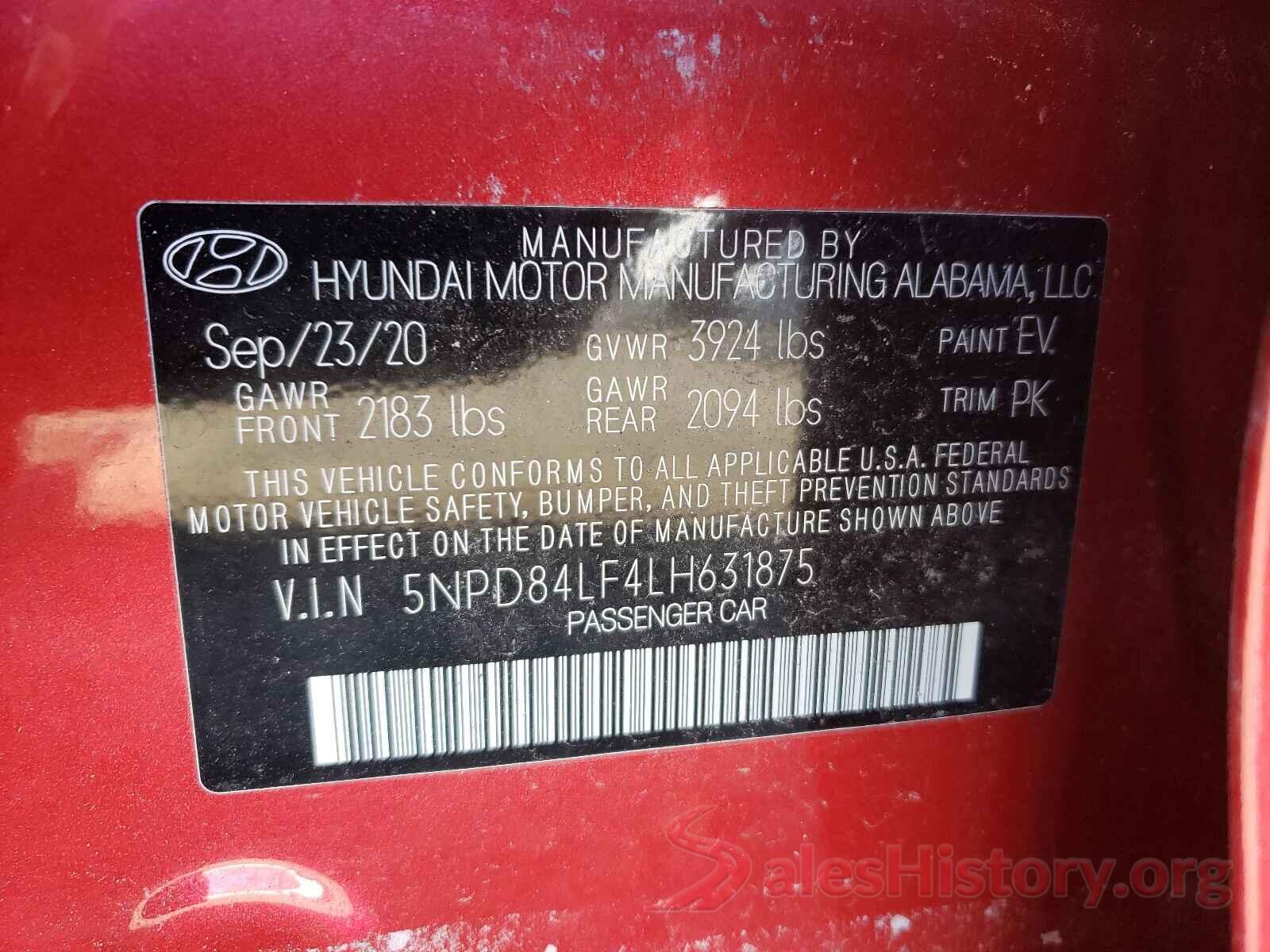 5NPD84LF4LH631875 2020 HYUNDAI ELANTRA