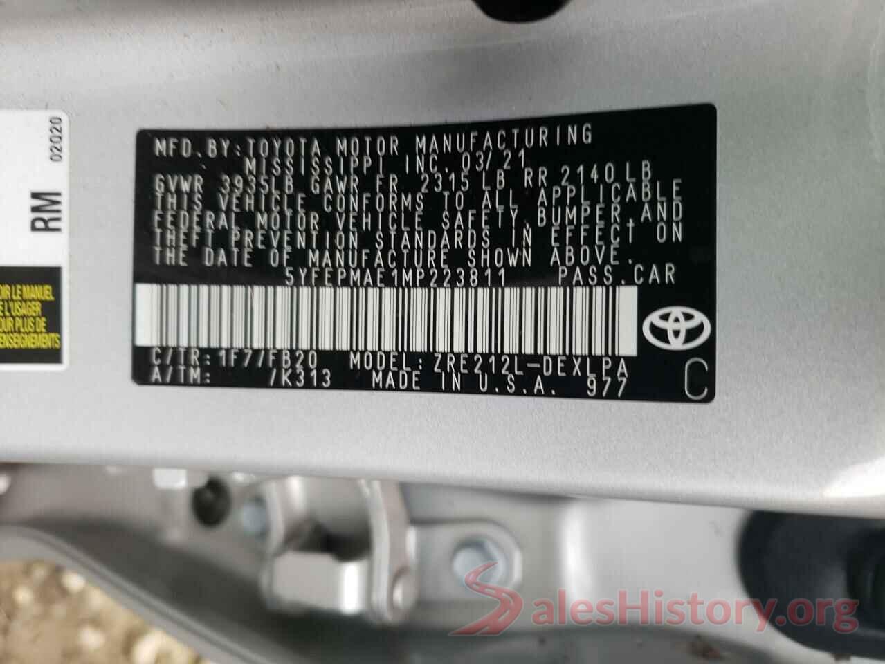 5YFEPMAE1MP223811 2021 TOYOTA COROLLA