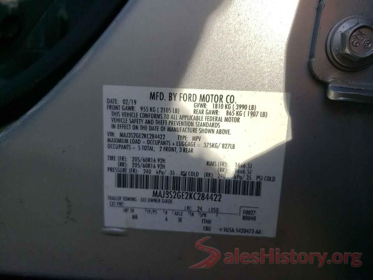 MAJ3S2GE2KC284422 2019 FORD ECOSPORT