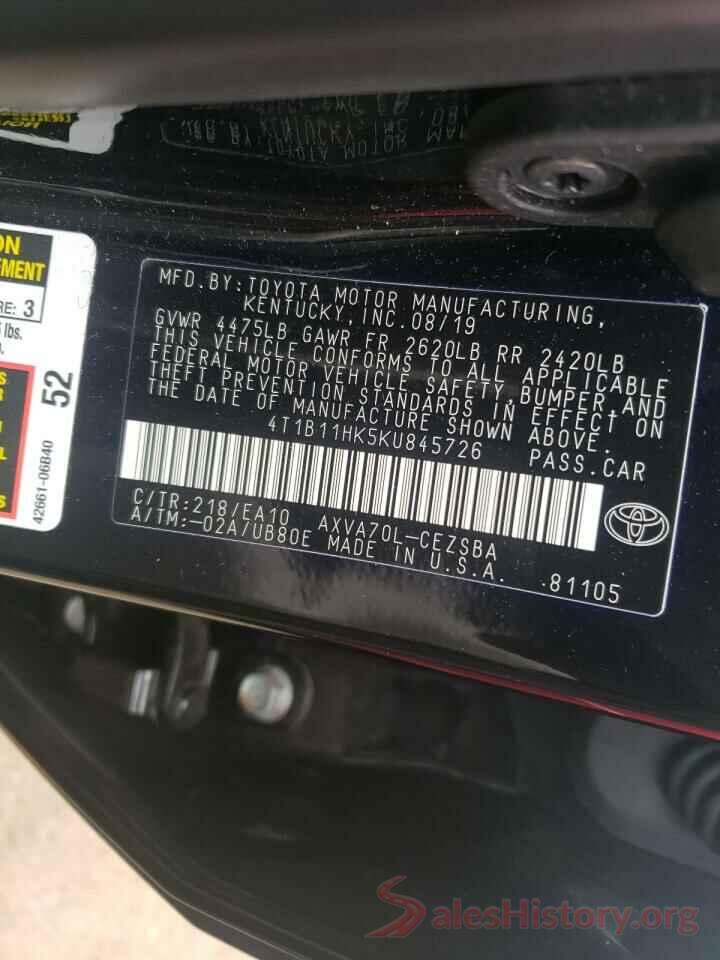 4T1B11HK5KU845726 2019 TOYOTA CAMRY