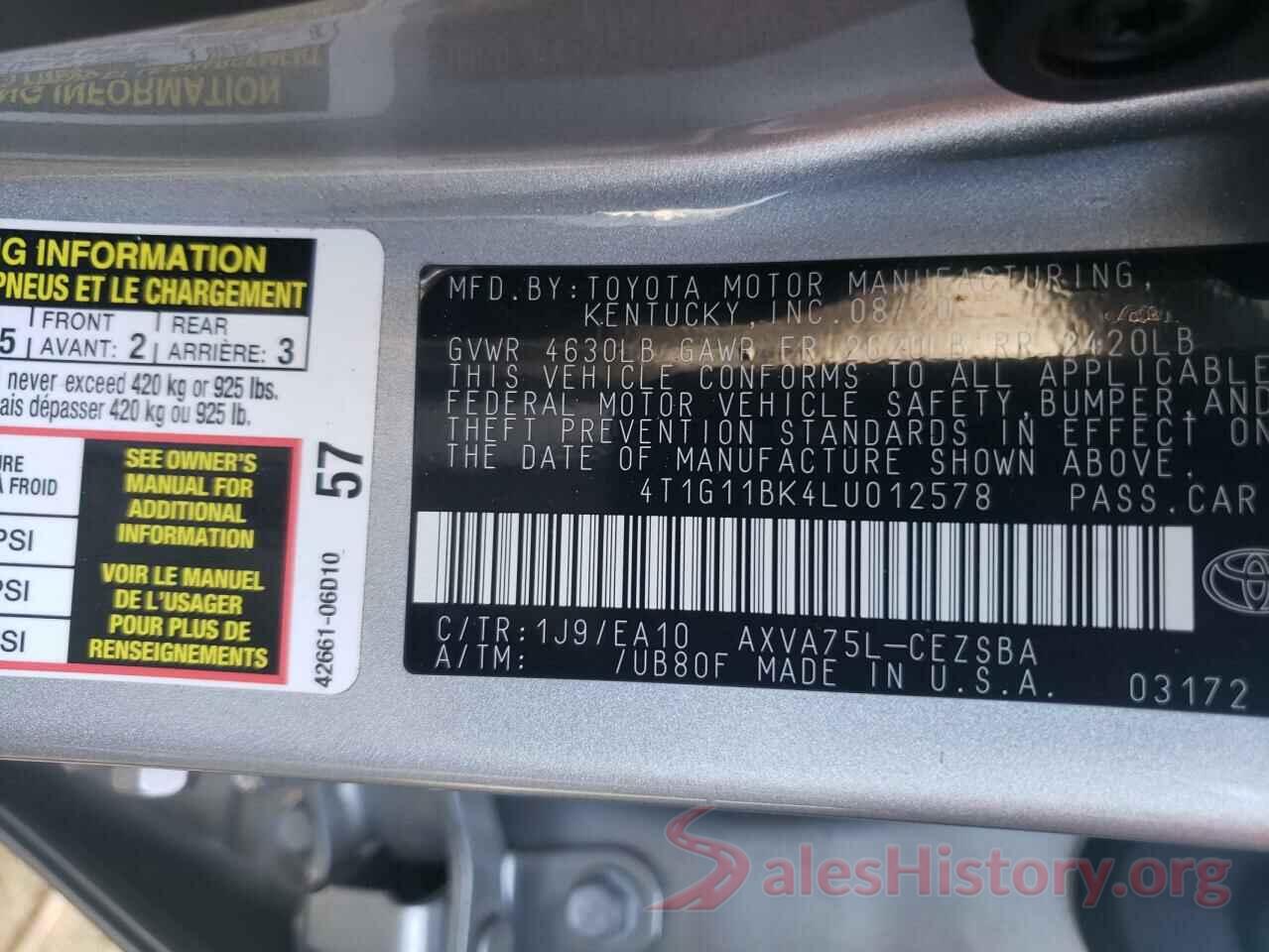 4T1G11BK4LU012578 2020 TOYOTA CAMRY