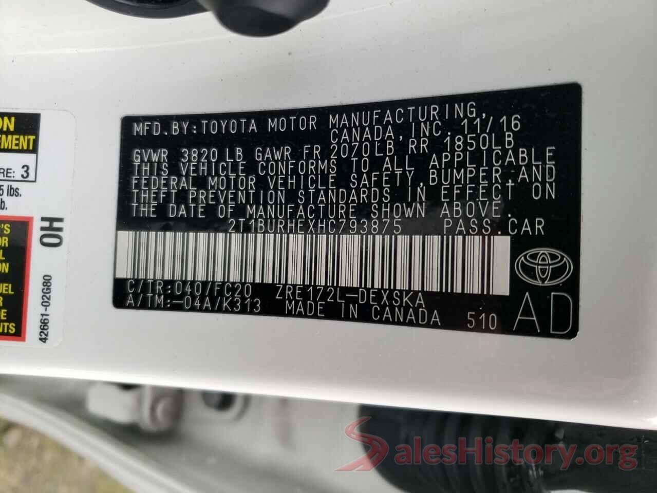 2T1BURHEXHC793875 2017 TOYOTA COROLLA