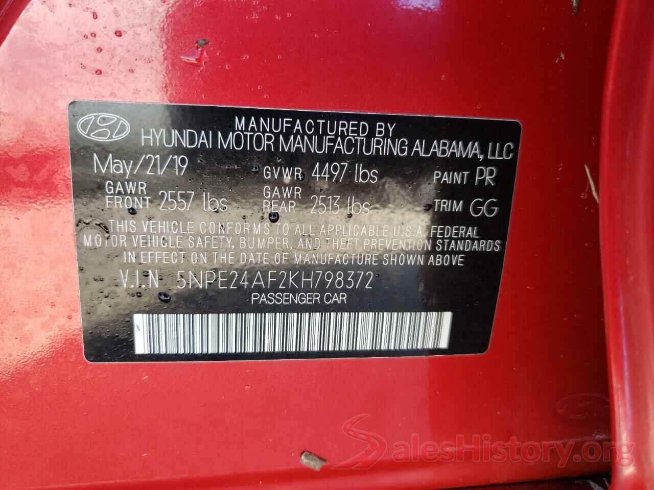 5NPE24AF2KH798372 2019 HYUNDAI SONATA