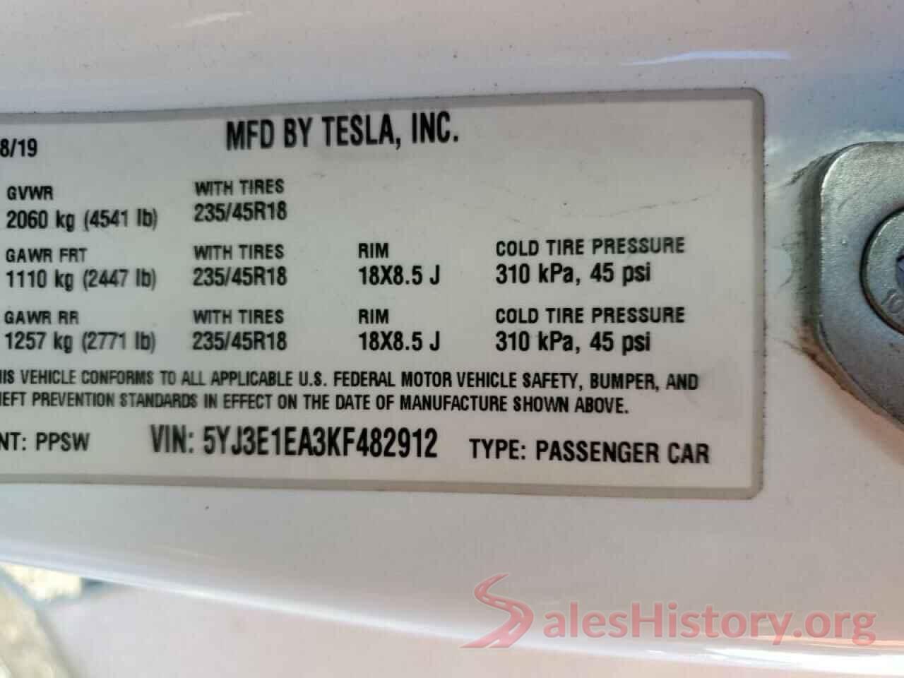 5YJ3E1EA3KF482912 2019 TESLA MODEL 3