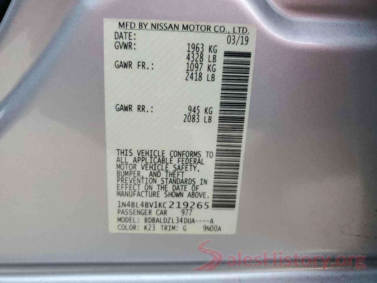 1N4BL4BV1KC219265 2019 NISSAN ALTIMA