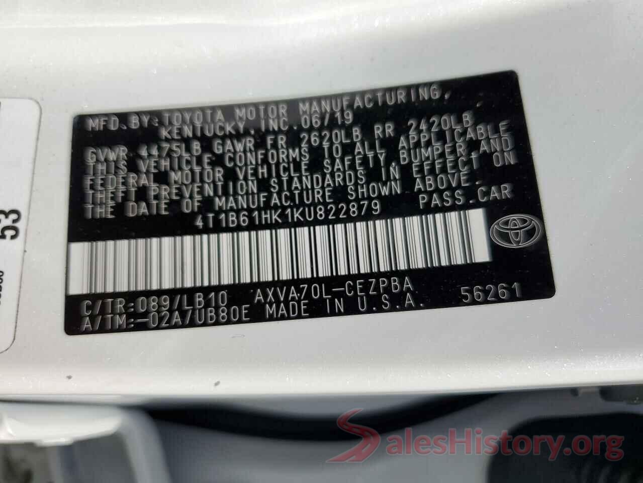 4T1B61HK1KU822879 2019 TOYOTA CAMRY