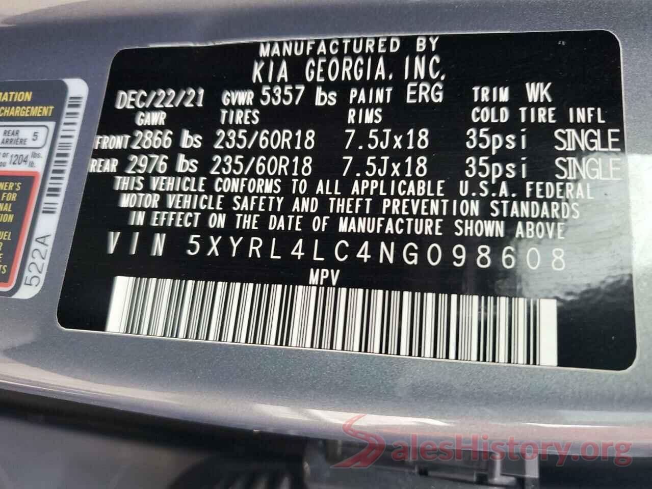 5XYRL4LC4NG098608 2022 KIA SORENTO