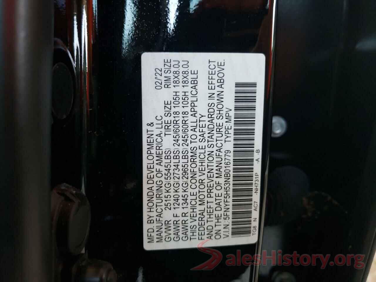 5FNYF5H53NB016779 2022 HONDA PILOT