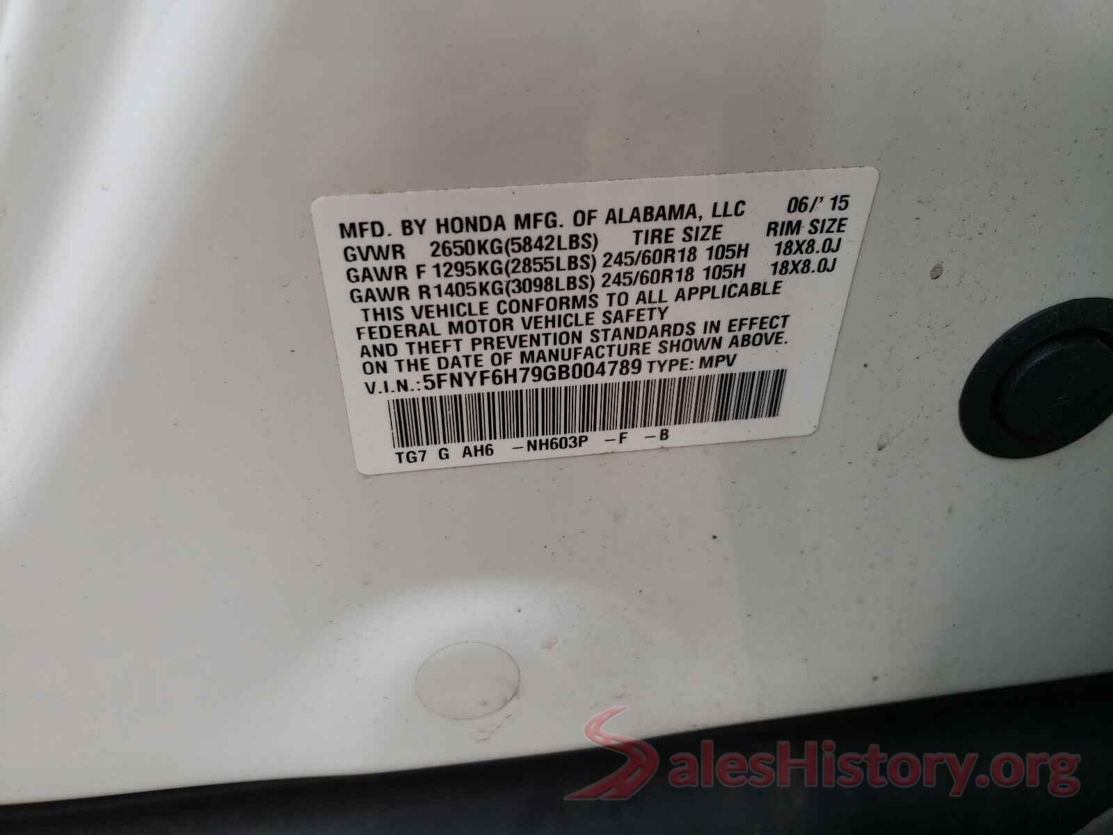 5FNYF6H79GB004789 2016 HONDA PILOT