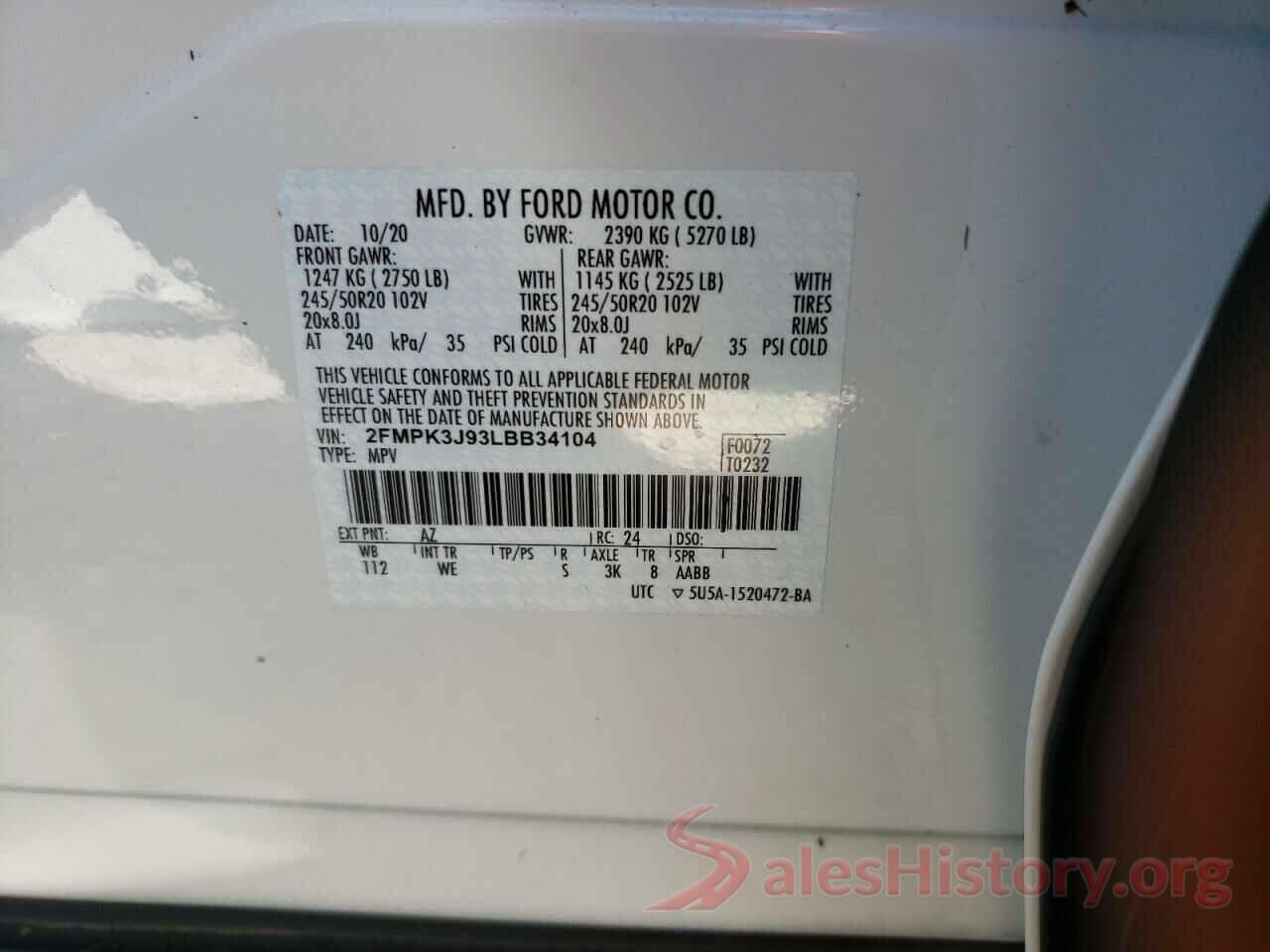 2FMPK3J93LBB34104 2020 FORD EDGE