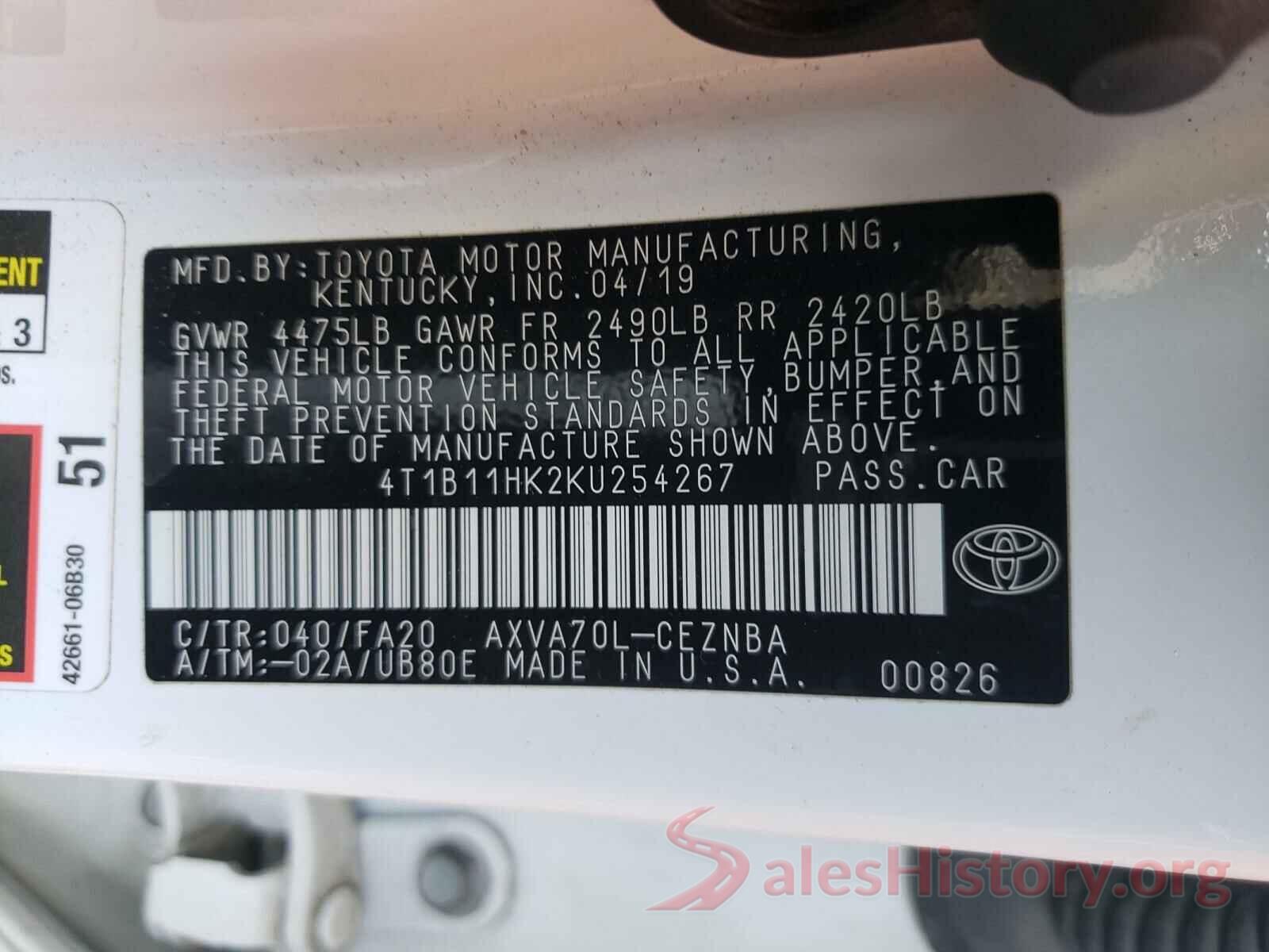 4T1B11HK2KU254267 2019 TOYOTA CAMRY