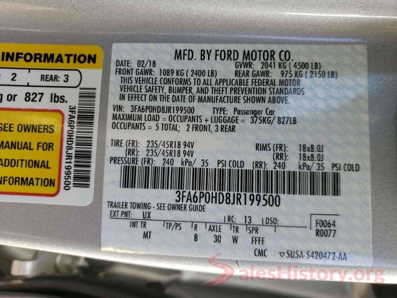 3FA6P0HD8JR199500 2018 FORD FUSION