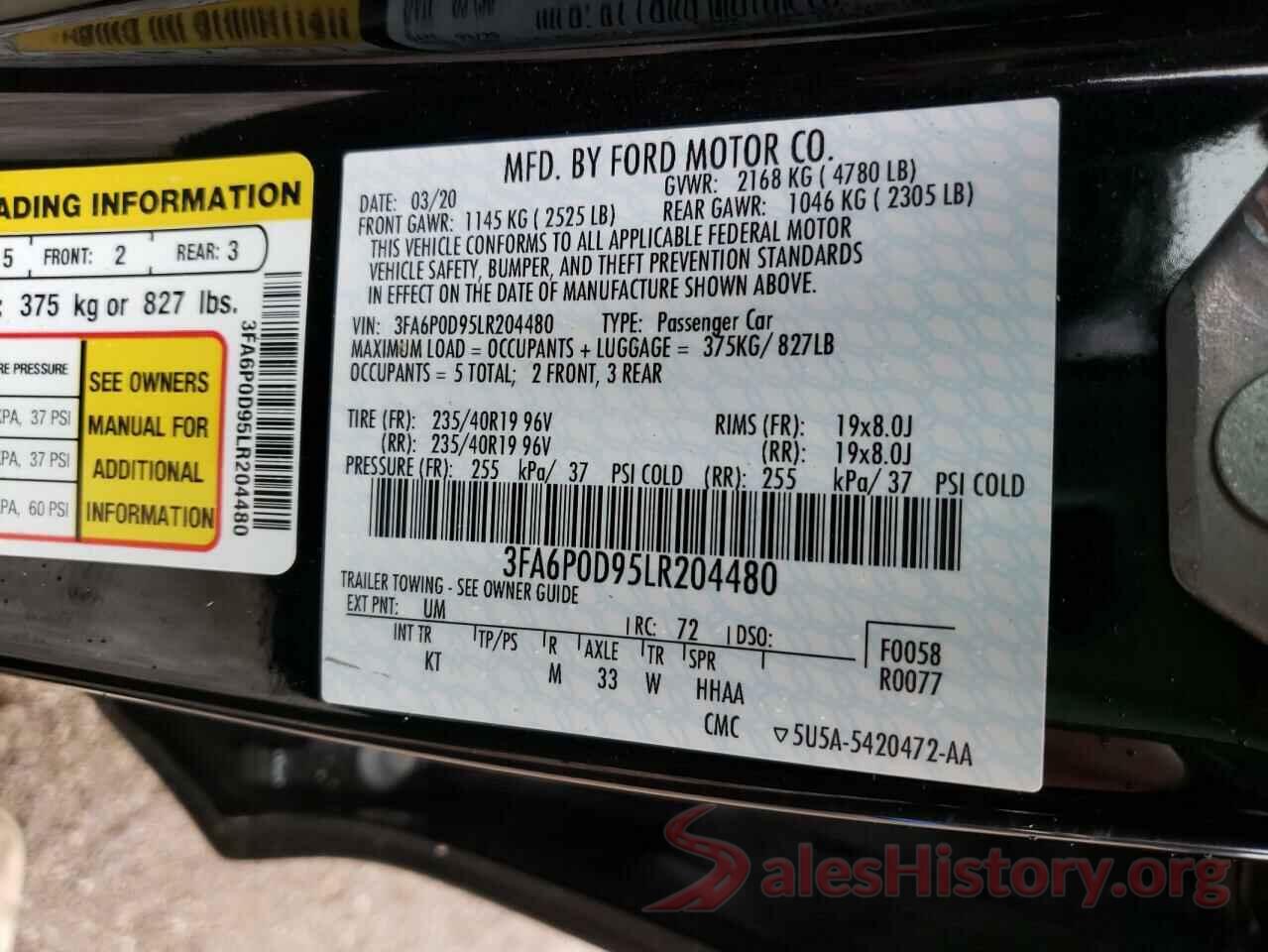 3FA6P0D95LR204480 2020 FORD FUSION