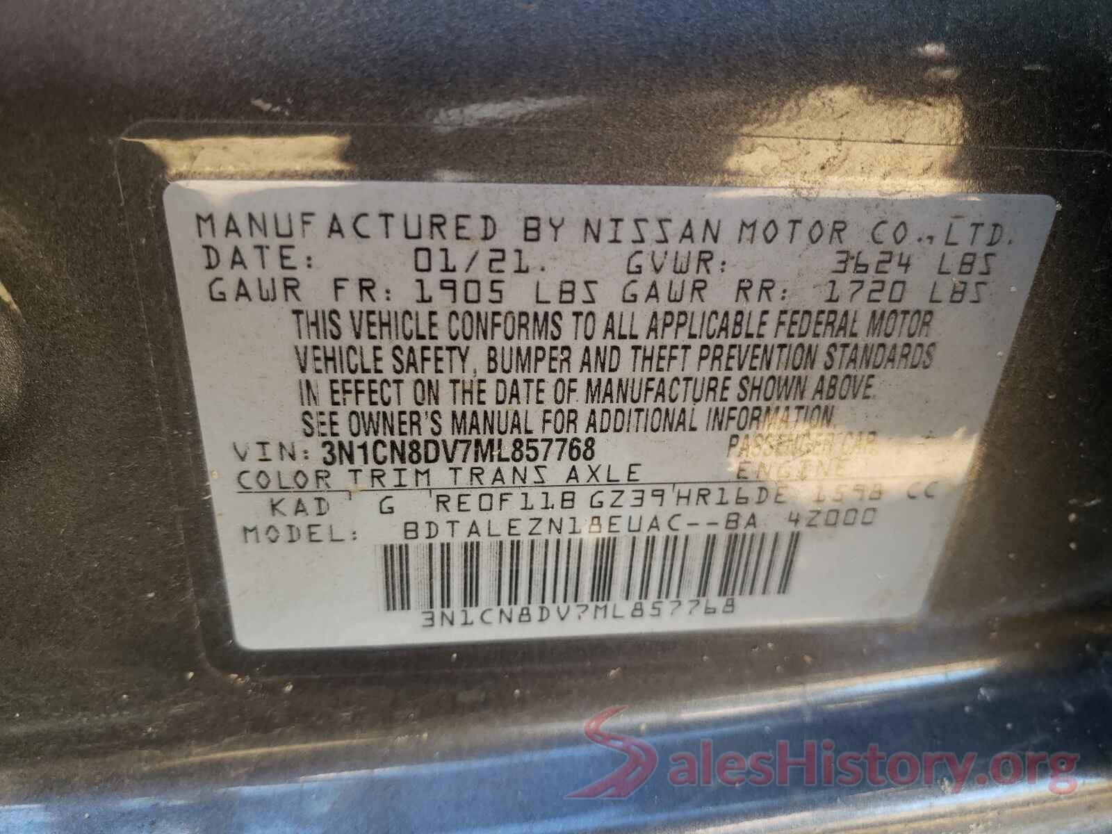 3N1CN8DV7ML857768 2021 NISSAN VERSA