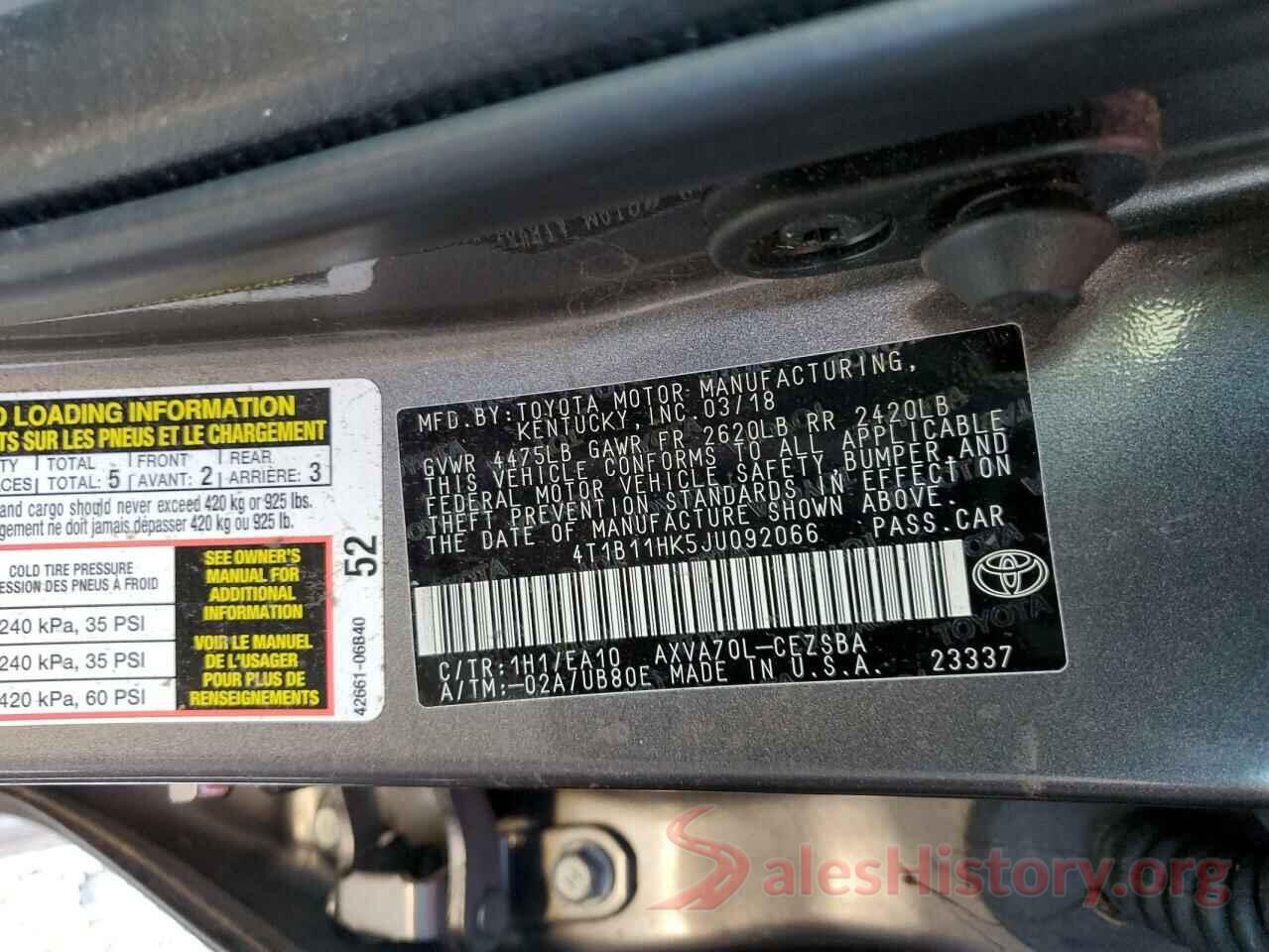 4T1B11HK5JU092066 2018 TOYOTA CAMRY